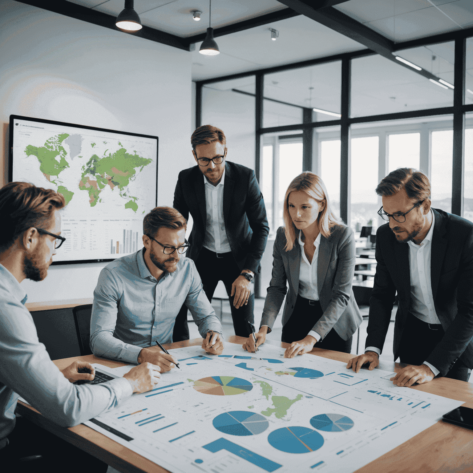 Team of real estate professionals analyzing investment opportunities in a modern office setting in Norway. The image shows a diverse group of experts examining property charts, financial reports, and digital maps on large screens.