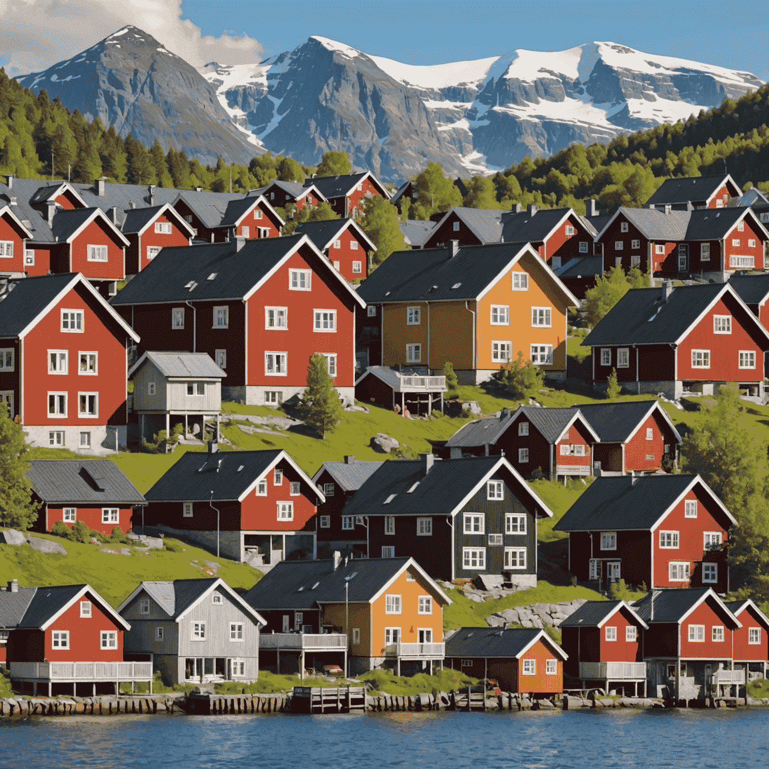 A collage of Norwegian properties including modern apartments, traditional wooden houses, and commercial buildings, with graphs and charts overlaid to represent investment strategies