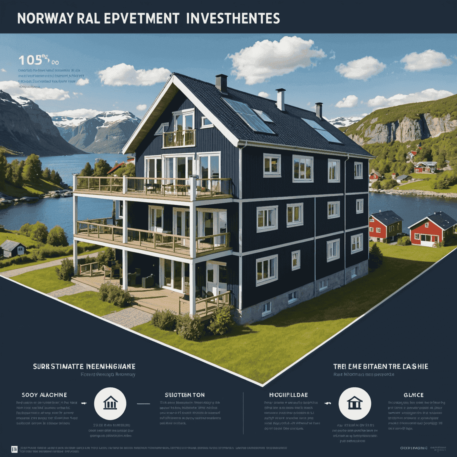 Infographic showing various real estate investment strategies in Norway, including residential rentals, commercial properties, and vacation homes