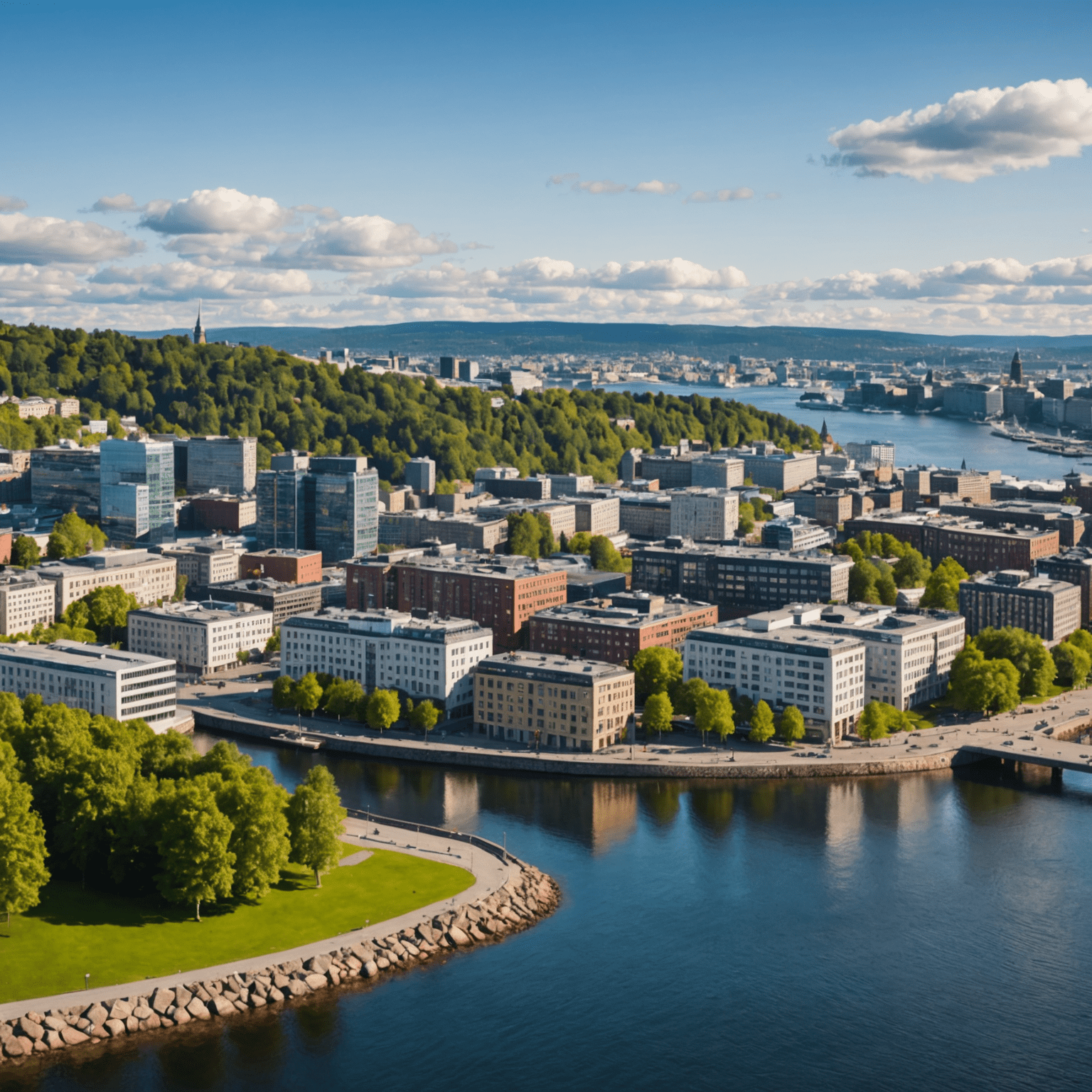 Scenic view of Oslo cityscape with modern buildings and traditional Norwegian architecture, representing the diverse real estate landscape in Norway