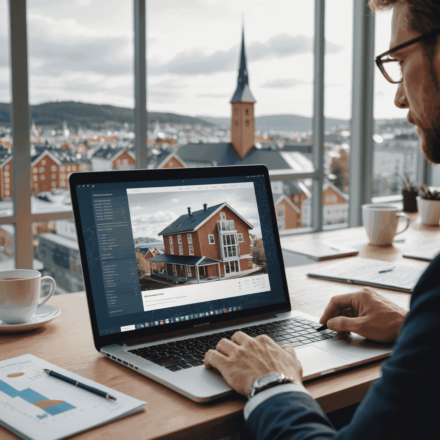 A professional working on a laptop with financial charts and a model of a Norwegian building visible, representing financial modeling for real estate investments