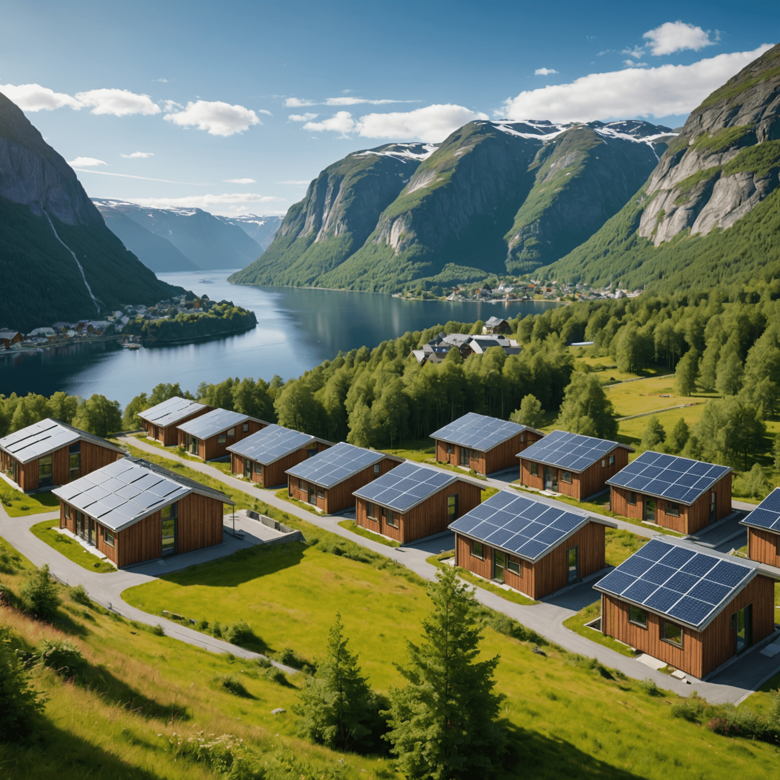 Panoramic view of a modern, sustainable housing development in Norway, featuring solar panels, green roofs, and surrounded by lush forests and fjords