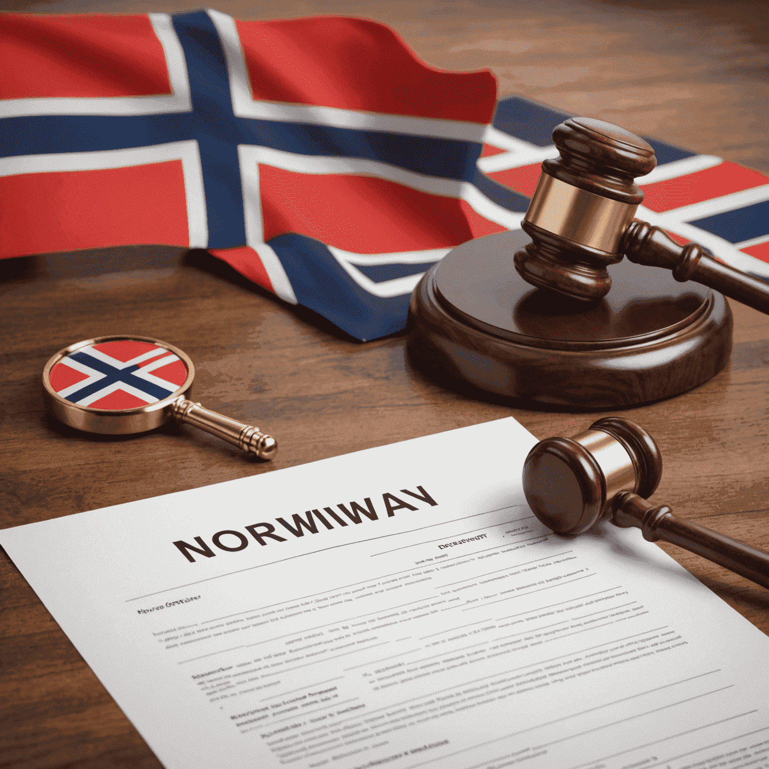 An image depicting legal documents, Norwegian flag, and a gavel, representing real estate laws and regulations in Norway