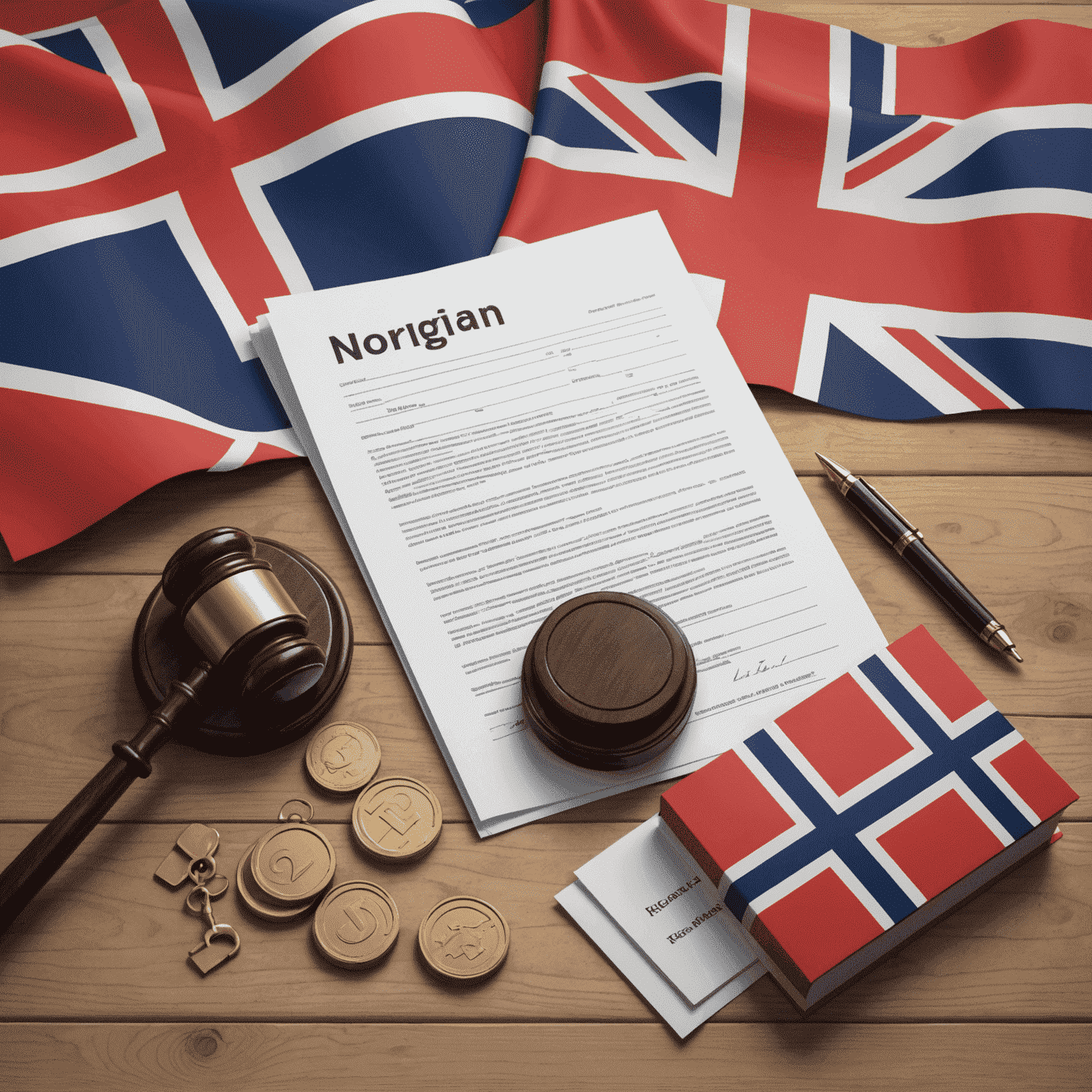 Illustration of legal documents, property rights symbols, and Norwegian flag representing real estate laws and regulations