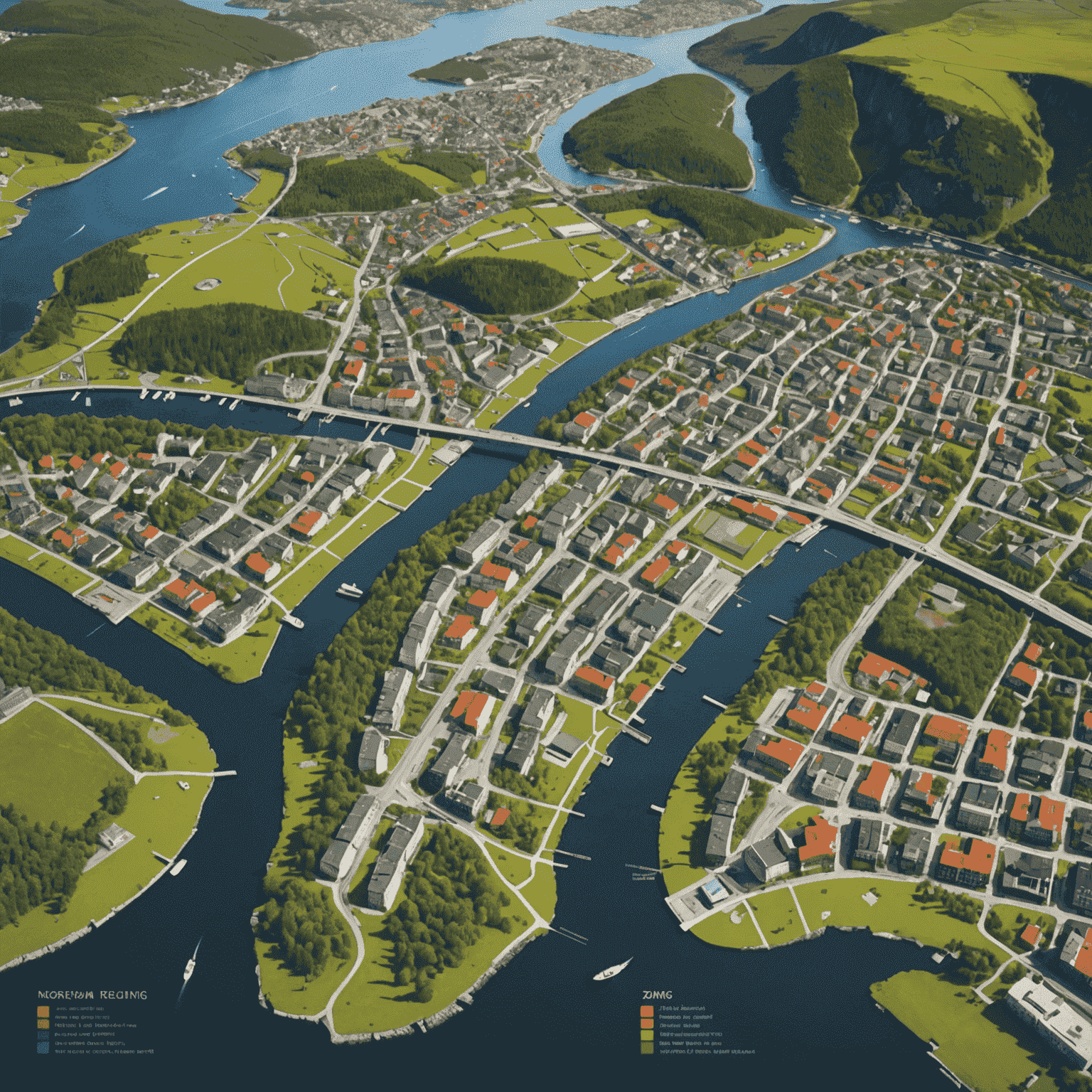 Infographic showing different zoning areas in a typical Norwegian city, with color-coded regions for residential, commercial, and protected areas