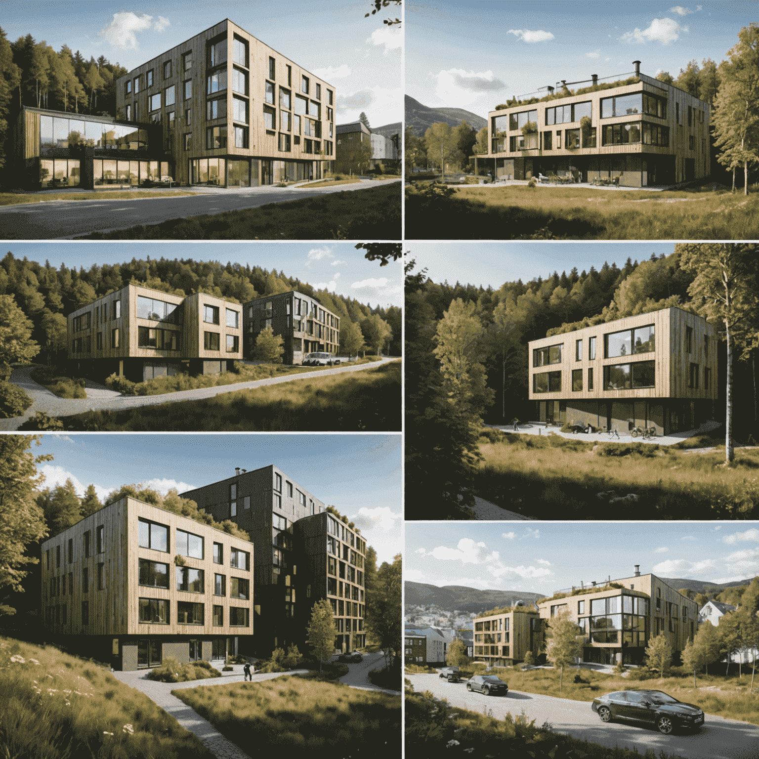 Collage of four sustainable real estate projects in Oslo, Bergen, Trondheim, and Tromsø, showcasing their unique eco-friendly features