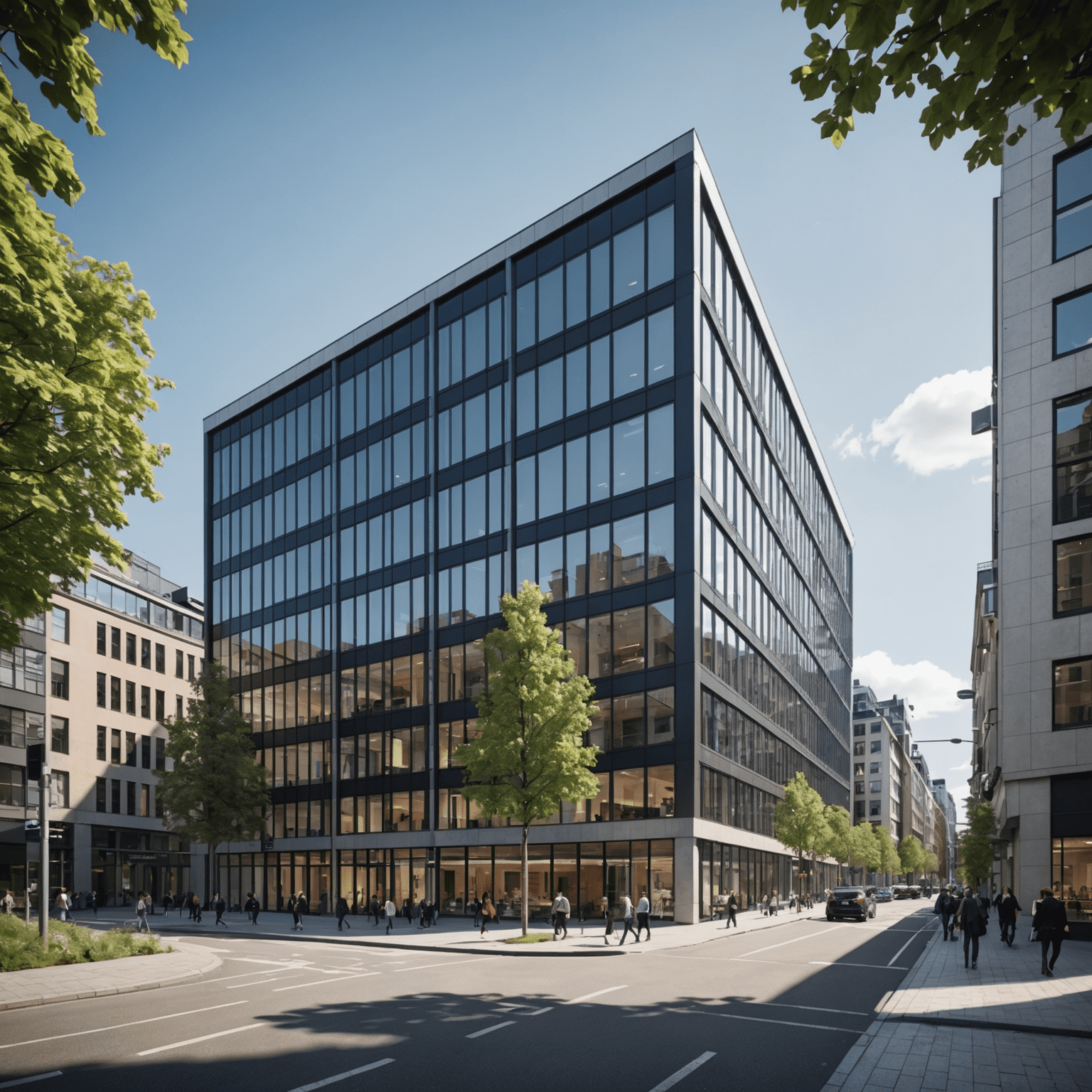 Sleek office building in a bustling Norwegian business district with pedestrians and modern architecture