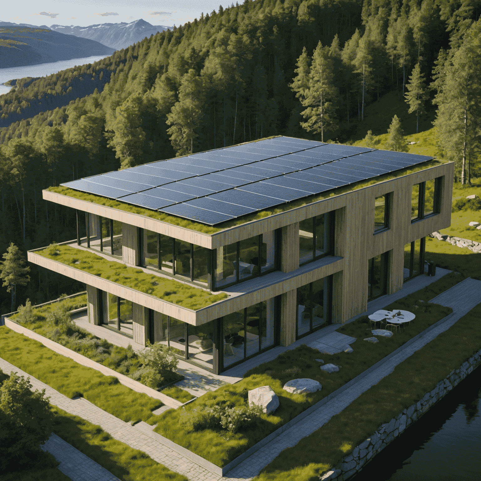 A modern, eco-friendly Norwegian building with solar panels and green roof, showcasing the country's commitment to sustainable real estate development