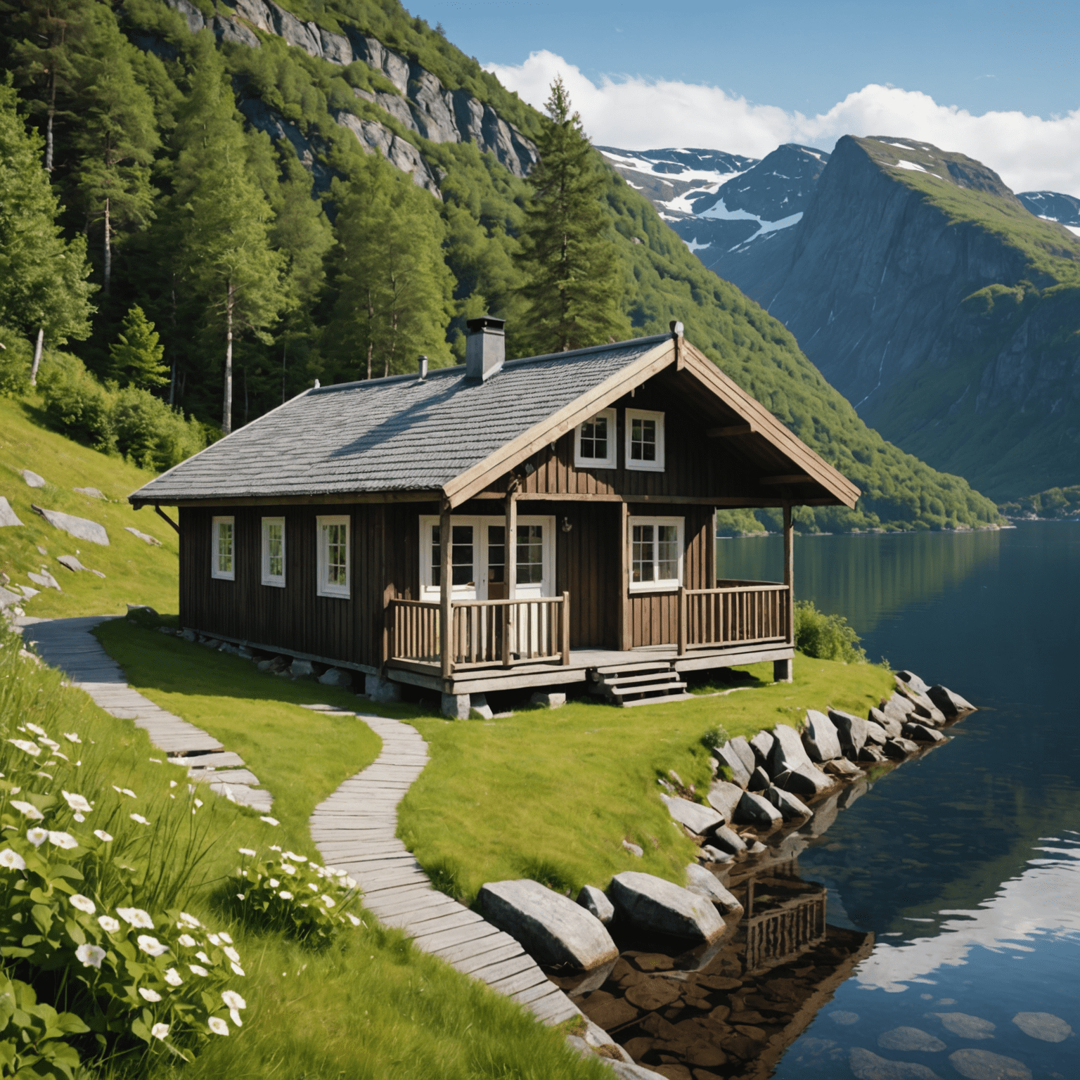 Charming wooden cabin overlooking a Norwegian fjord, perfect for vacation rentals