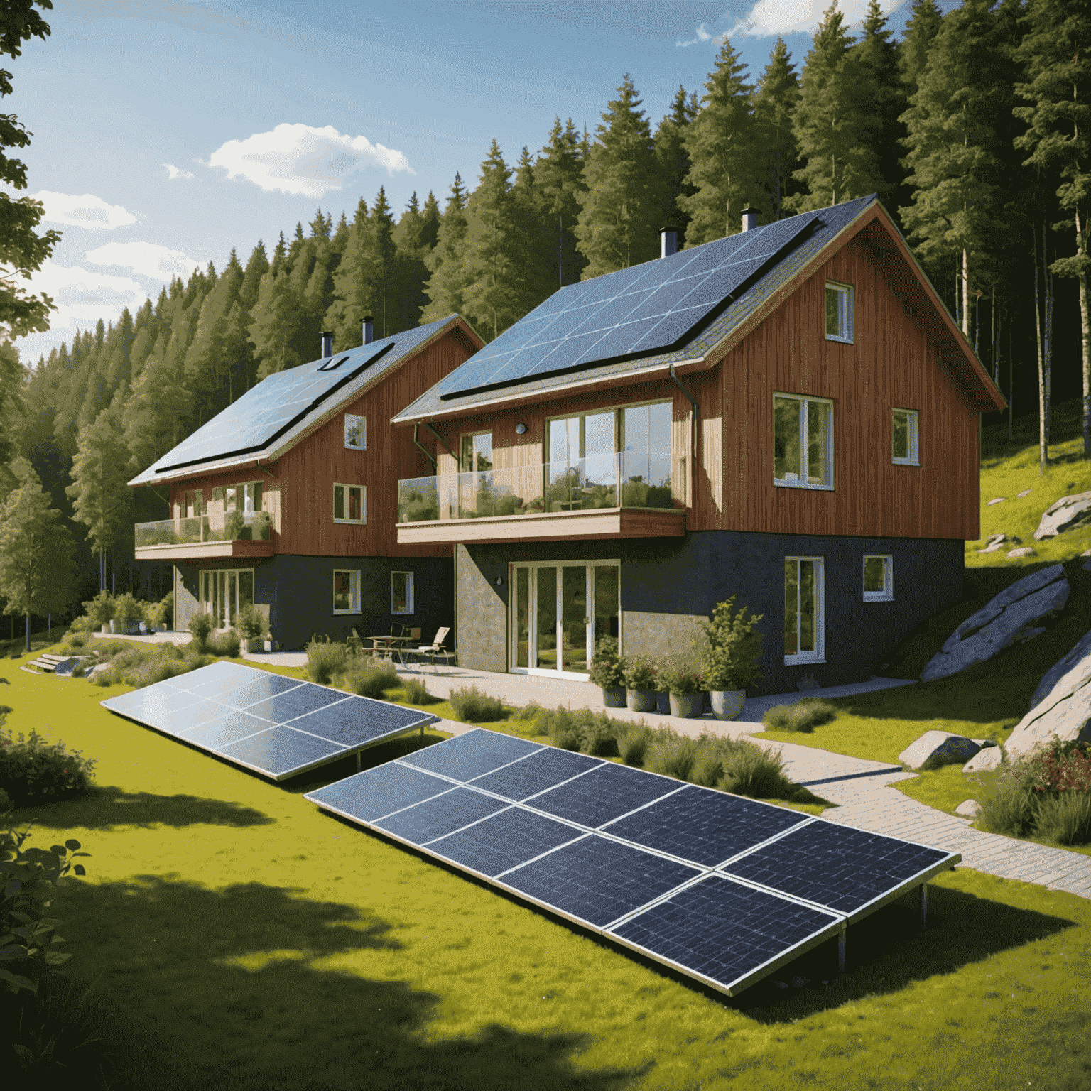 Modern, eco-friendly buildings in Norway with solar panels and green spaces