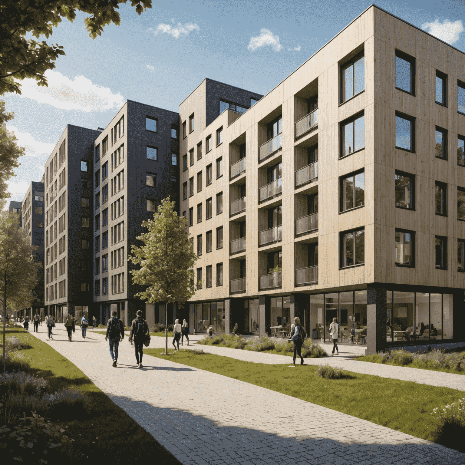 Modern student housing complex near a Norwegian university campus with students walking nearby