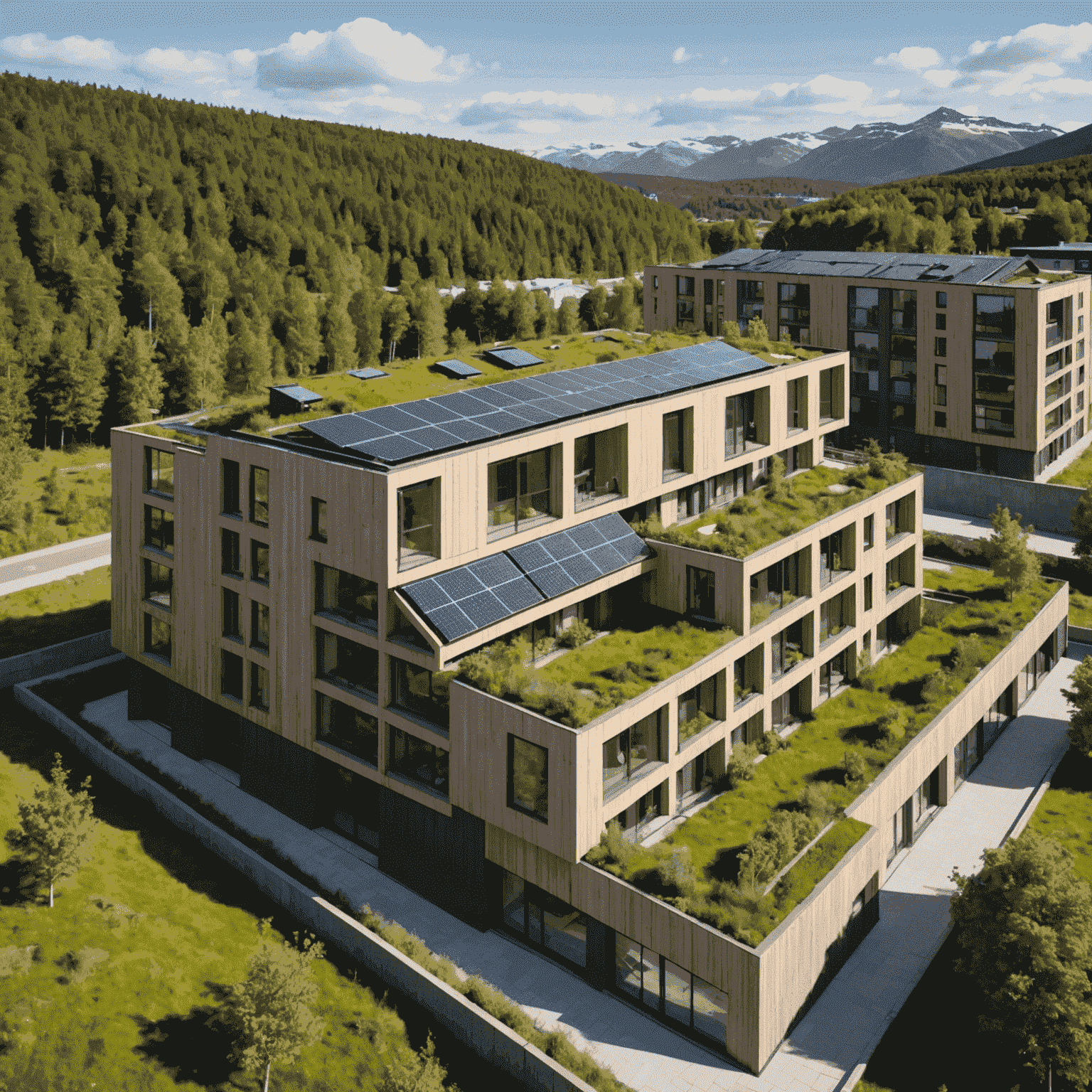 Newly constructed eco-friendly apartment complex in Norway featuring solar panels and green roofs